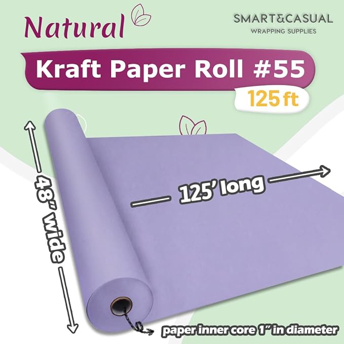 SMART&CASUAL 48" x 1,500" (125') Light Purple Kraft Craft Paper Roll for Gift Wrapping Bulletin Board Bouquet Flower Kids Art Packing Parcel Table Covering 80GSM 55LB (Light Purple, 48" x 125')