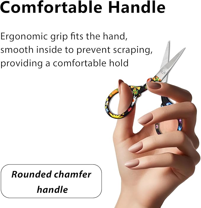 Sharp Embroidery and Crafting Scissors with Leather Cover, 3.62 inch Stainless Steel Stork Shaped Scissors for Needlework and DIY Crafts, Black Flower, J5064