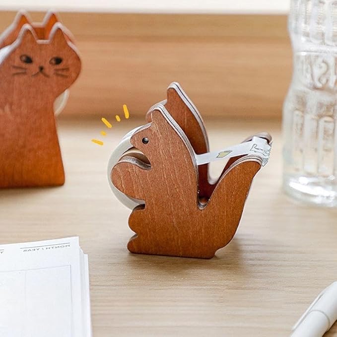 Clear Tape Dispenser - Wooden Squirrel Cute Design for Office & School Desktop - 1/2" x 250 in Tape Included
