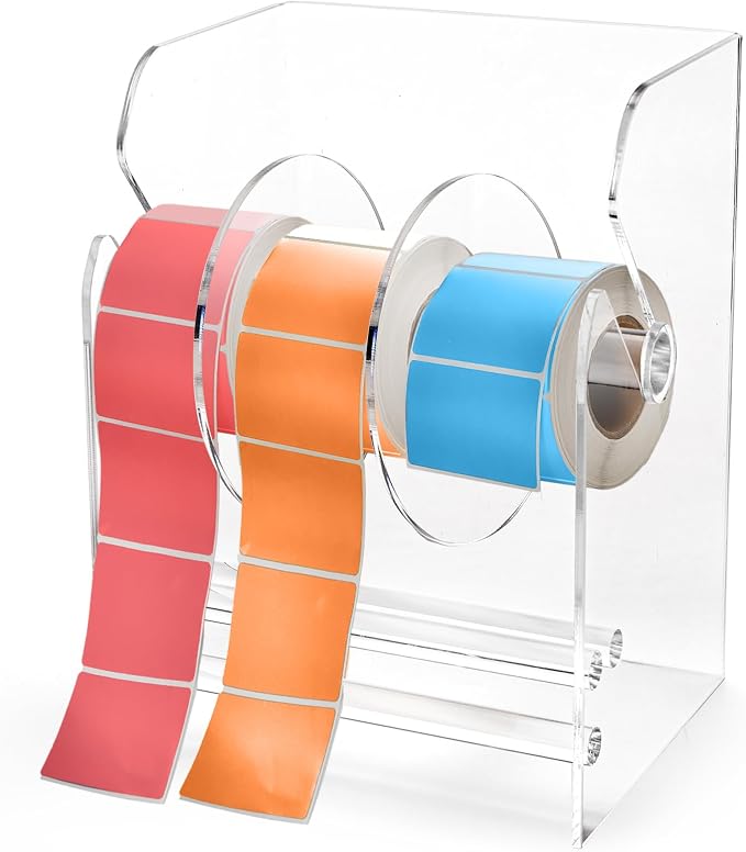 Lawei Adjustable Label Dispenser, 3 Disks Acrylic Label Dispenser Sticker Roll Holder, Transparent Tape Label Holder Rolls Organizer, Individual Sticker Stand Label Holders for Office Home Desktop