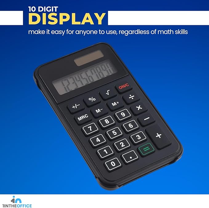 1InTheOffice 10 Digit Pocket Calculator, Dual Powered Handheld (Solar and Battery), Black, 1 Pack
