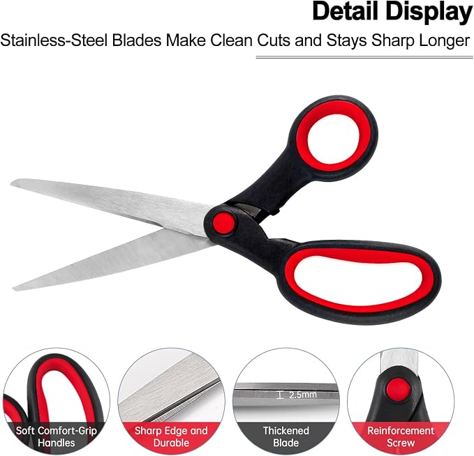Left Handed Scissors for Kids Student, 8 Inch Lefty Scissors Bluk for Adults, All Purpose Sharp Blades Shears Set of 2 Pack, Great for Craft, Office, Sewing Fabric, Arts, School and Home, Black/Red