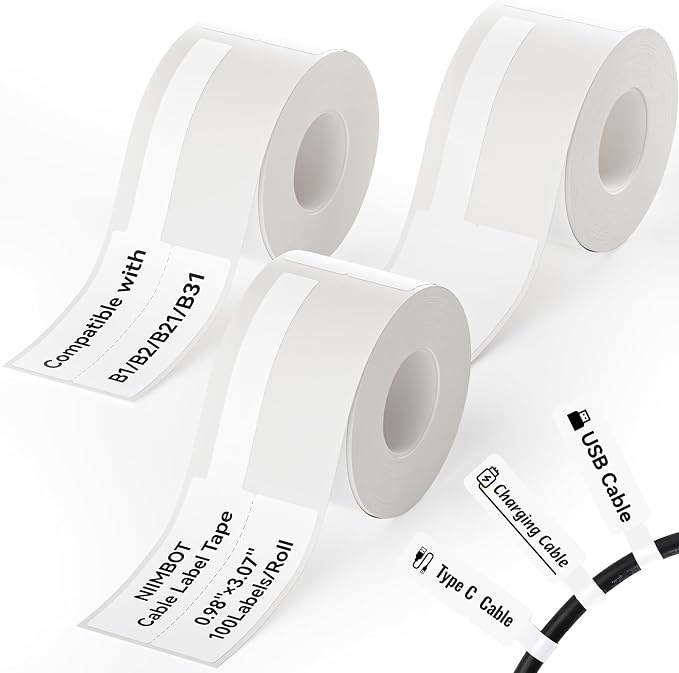 NIIMBOT Cable Labels 3 Rolls Set for B1/B21/B2/B31 Label Maker, White | 25x78mm (0.98'' x 3.07'') 100 Labels/Roll, Refill Labeling Tape for Home School Office Small Business