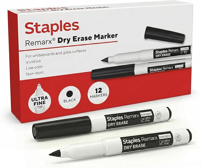 Staples Remarx Dry Erase Markers, Ultra Fine Tip, Black, 12-Pack | Precision whiteboard markers for school, office, and planning use.