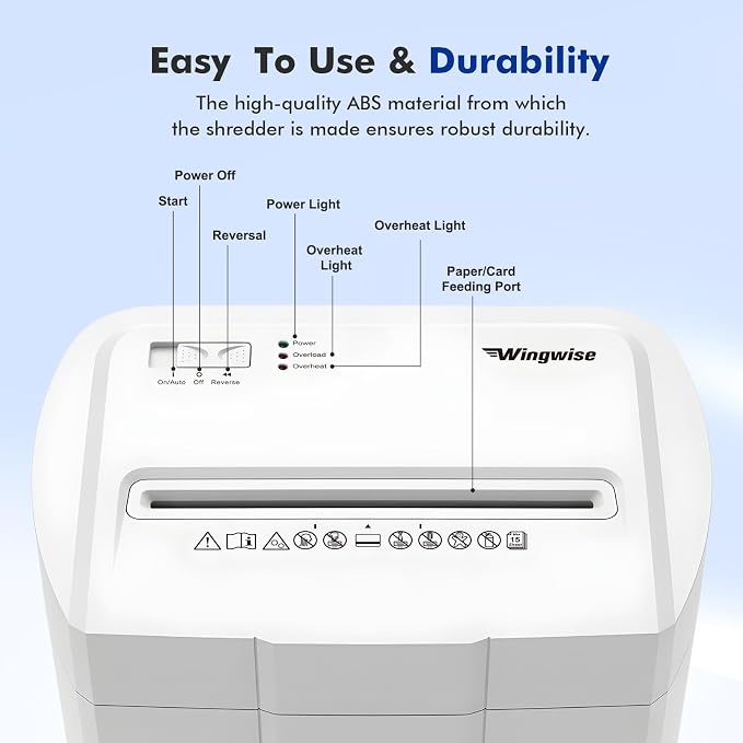 Wingwise Ultra Low Noise 48dB Paper Shredder for Home Office | 15 Sheets, P-4, 10 Mins Runtime, 4.7 gal, Cross Cut, Shreds Credit Cards & CDs