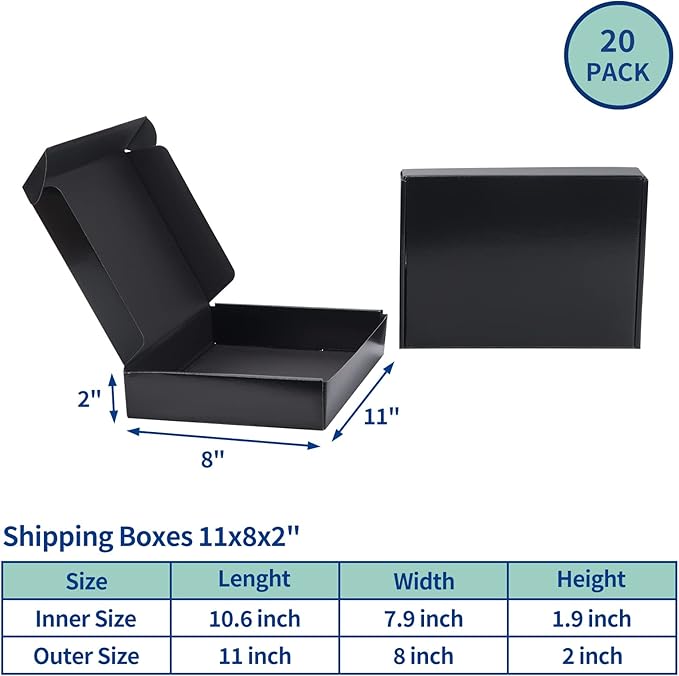 Rempry 11x8x2 Black Shipping Boxes Set of 20, Cardboard Corrugated Boxes Gift Boxes for Small Business, Literature Mailer