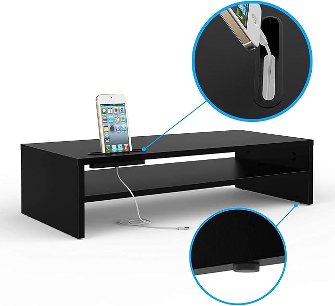 BONTEC Wood Monitor Stand Riser, 2-Tier Desktop Organizer | Ergonomic Computer Stand for Desk, Cable Management, Cellphone Holder, 21.3 Inch Shelf, Black