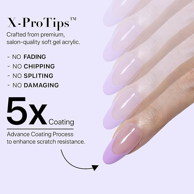 SXC Cosmetics French Tip Press On Nails 150 Pieces in 15 Sizes Ultra Fit with Pre-applied Tip Primer and Base Coat, No Need to File Fake Nails for Nail Art DIY X-Pro Tips (5PURPLE115-M Almond)