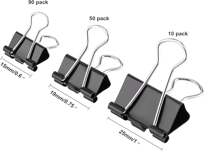 TecUnite 150 Pcs Black Binder Clips Assorted Sizes | 3 Sizes Metal Small Binder Paper Clips for Office Home School Supplies, 1 in, 0.75 in, 0.60 in