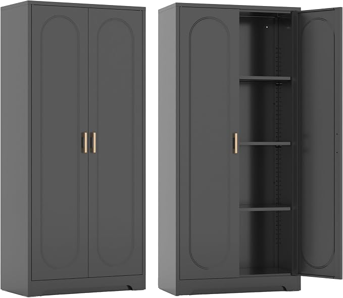 Steeloong 60"Metal Pantry Storage Cabinet with Doors & 3 Adjustable Shelves | Kitchen Pantry Cabinet,Black Kitchen Cabinet with 2 Gold Handles,Tall Cabinet for Livingroom,Pantry, Bathroom,Kitchen