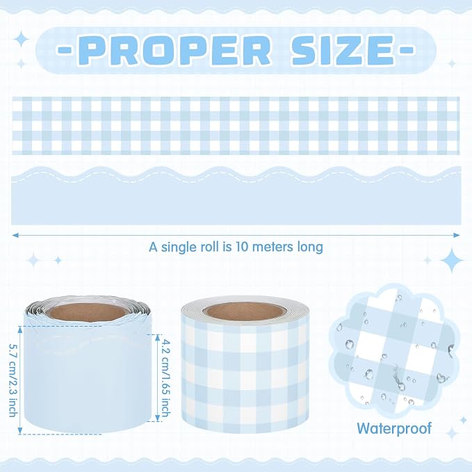 2 Rolls 65.6ft Marcaron Blue Gingham Bulletin Board Borders Decoration Blue Checkered and Straight Edge Bulletin Borders Board Trim for Office School Classroom Chalkboard Party Decoration