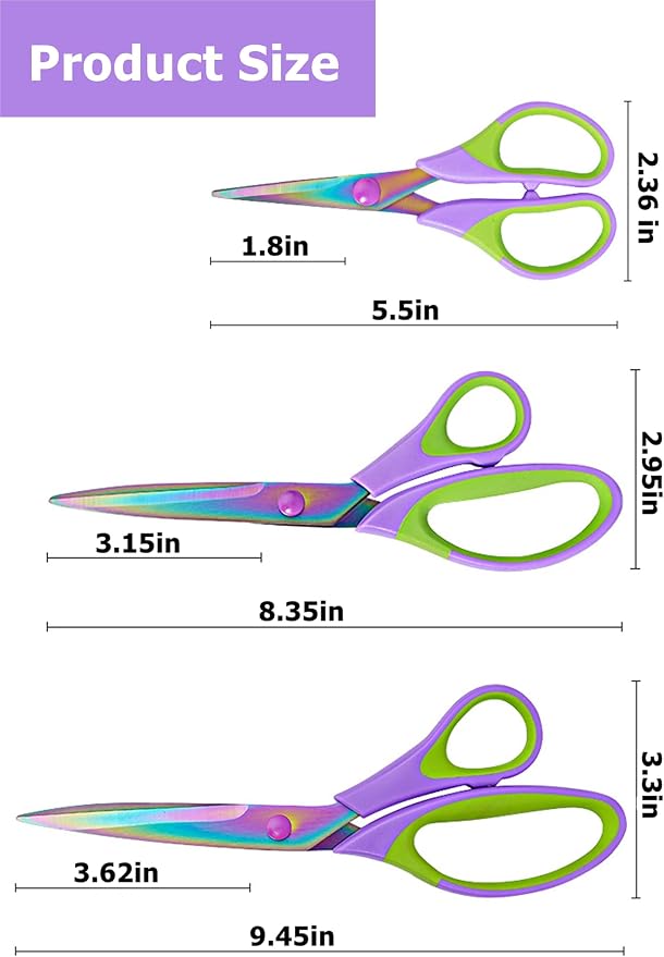Scissors All Purpose Heavy Duty 3-Pack 5.5” 8.3” 9.5” | Ultra Sharp Blades Comfort Grip Handles - for Home, Office, School, Sewing, Crafts