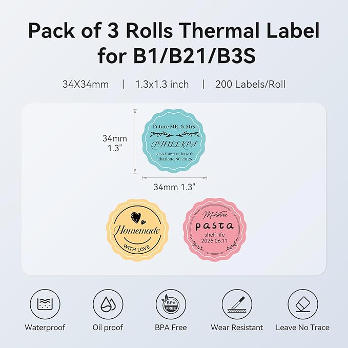 NIIMBOT 3 Rolls Set Label for B1/B21/B3S Label Printer, 1.3'' x 1.3'' (34x34mm),Waterproof Oilproof Tear-Proof, for Daycare/Spice Jar/Address/Logo/Name/Food Container