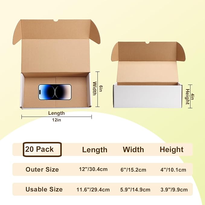 WIFTREY 12x6x4 White Shipping Boxes Set of 20, Small Corrugated Cardboard Mailer Box 12 x 6 x 4 for Packaging Small Business
