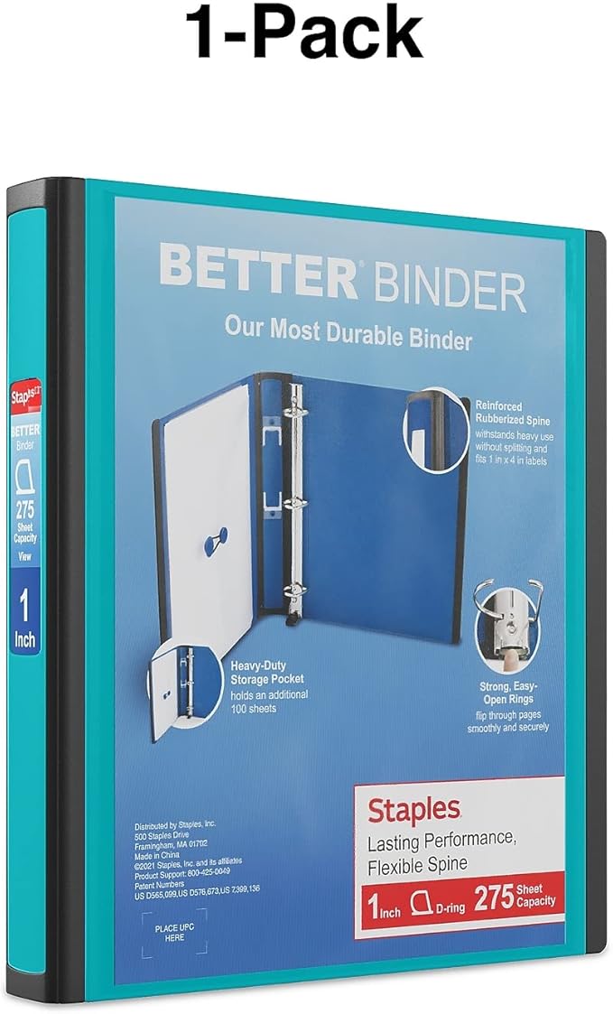 Staples Better Binder 1-Inch D-Ring View Binder, Reinforced Spine, Holds Up to 275 Sheets, Teal, for Office & School