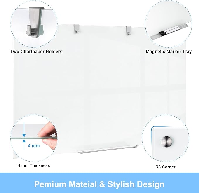 Wingwise Magnetic Glass Dry Erase Board, 36 x 24 in Brilliance White Board | Ultra-white 4mm tempered glass, scratch-resistant. Wall-mounted with hardware. Great for corporate offices, classrooms, home