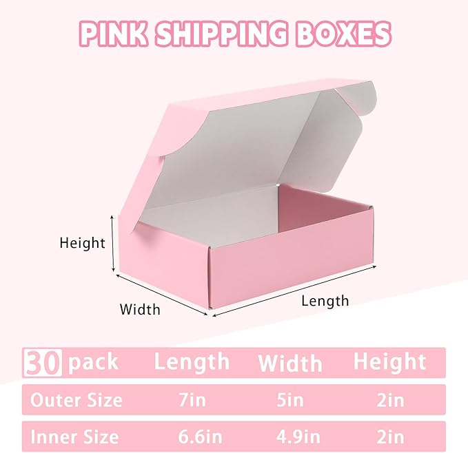 FORBFAN 7x5x2 Pink Shipping Boxes Small 30 Pack, Mailing Boxes for Small Business, Corrugated Cardboard Boxes for Shipping Packaging