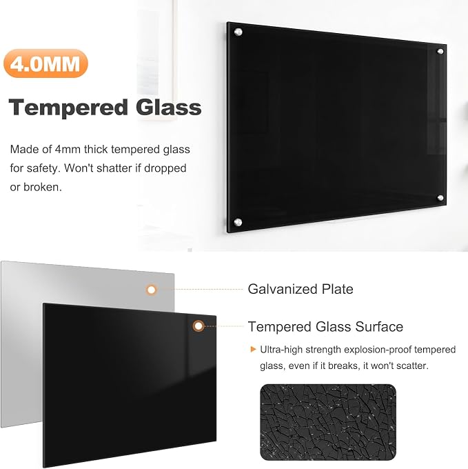 48” x 36” Large Black Dry Erase Board Tempered Magnetic Glassboard | (4’ x 3’) Wall Mounted Frameless Dry Erase Black Glass Board with Acrylic Pen tray, Magnets for Office, Home