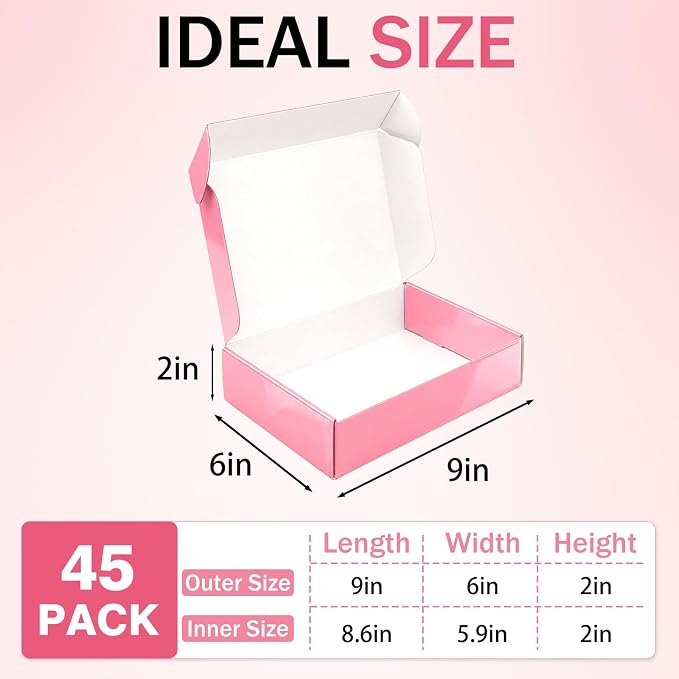 9x6x2 in Shipping Boxes Medium, 45 Pack Glossy Pink Corrugated Boxes, Cardboard Packing Boxes for Shipping Small Business Bulk