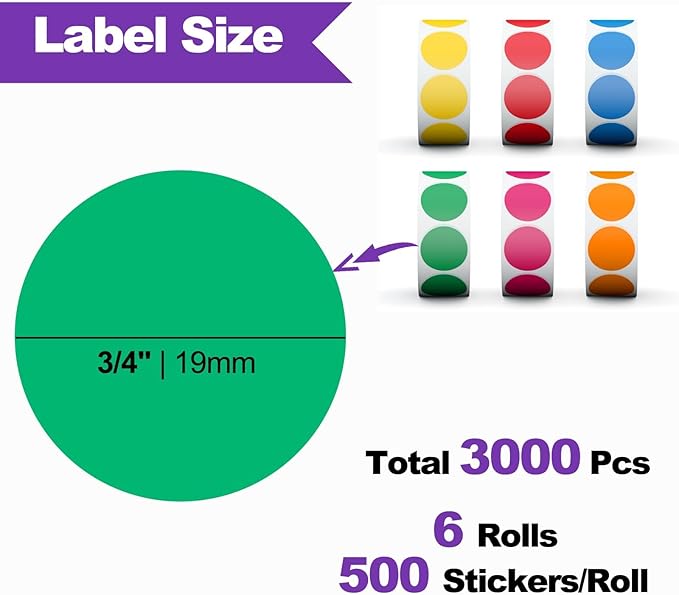 AveneMark 3000Pcs 3/4" Color Coding Labels Circle Dot Stickers,Round Yard Sale Stickers with Bright Yellow Green Red Pink Orange Blue, Garage Sale Price Tag(6 Rolls,500 Labels/Roll)