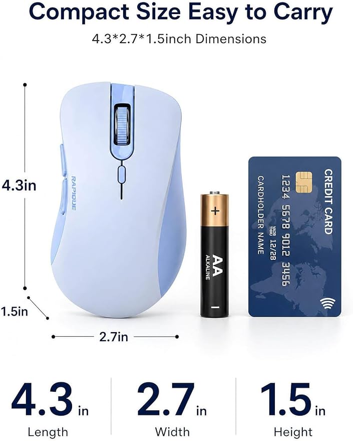 RAPIQUE Bluetooth Wireless Mouse, Dual Bluetooth & 2.4GHz, Light Blue | Quiet Clicks, Right-Hand Ergonomic 6 Button, Adjustable DPI, AA Battery, 3-Device Switching for Laptop, PC, Mac, Tablet