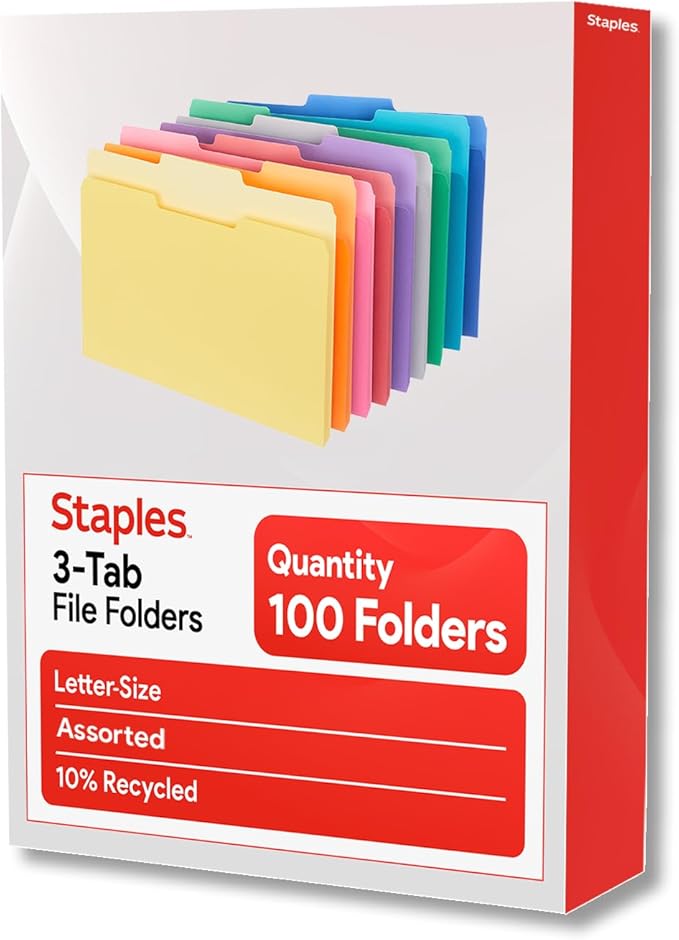 Staples File Folders, Letter Size, 1/3‑Cut Tabs, Assorted Colors, Durable 10.5‑Point Paper Stock, 100/Pack
