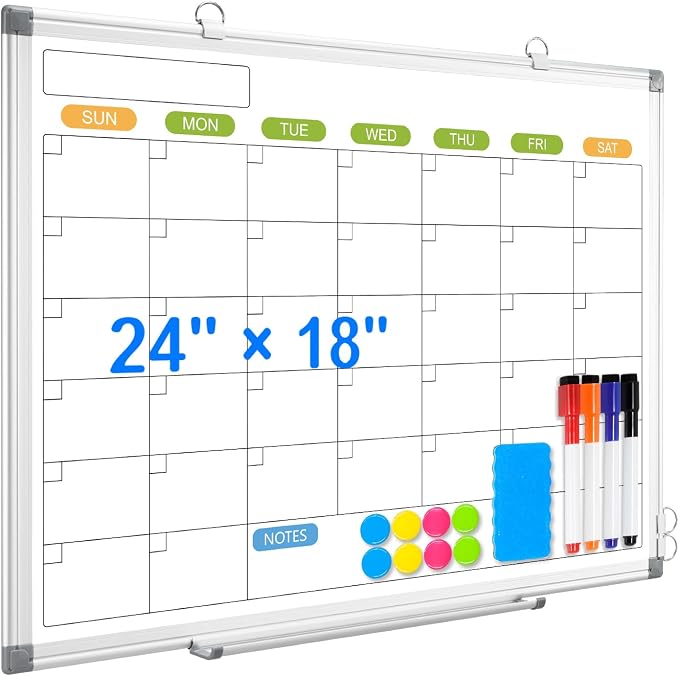 24" x 18" Magnetic Monthly Dry Erase Whiteboard Calendar for Wall | Double-sided & Smooth Writing Calendar White Board Hanging Aluminum Frame, Home, School, Office