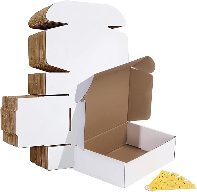 HORLIMER 10x7x3 inches Shipping Boxes Set of 25, White Corrugated Cardboard Box Literature Mailer, 25 Stickers Included