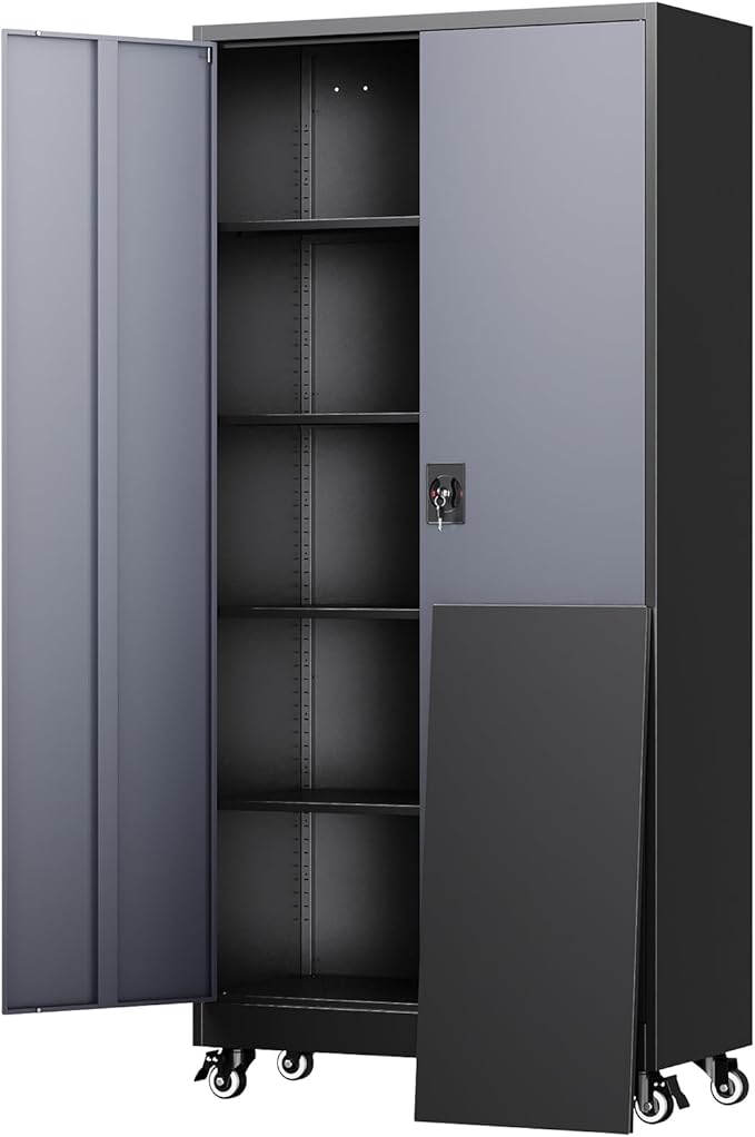 Metal Garage Storage Cabinet with Locking Doors and Adjustable Shelves,- 75" Rolling Steel Tool Cabinet for Home Office,Garage,Warehouse