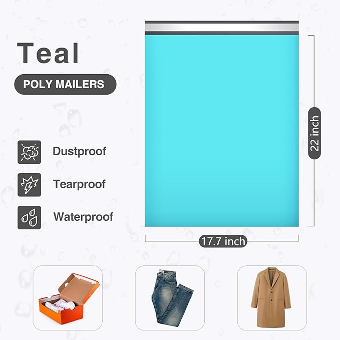 UCGOU 17.7x22 Large Poly Mailers Teal Shipping Bags Self-Sealing Waterproof and Tear-Proof Shipping Envelope for Small Business Mailers Poly Bags for Clothing, Books 50 Pack