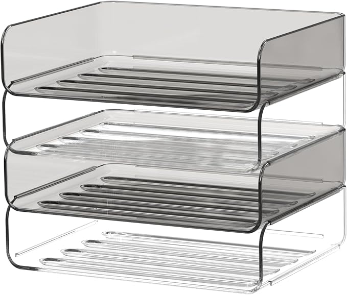 4-Tier Horizontal Acrylic Paper Tray Organizer | Clear Stackable Desk Organizer for Documents, Letters, A4 Paper | Modern Office/Classroom/Home Organization,Clear&Brown