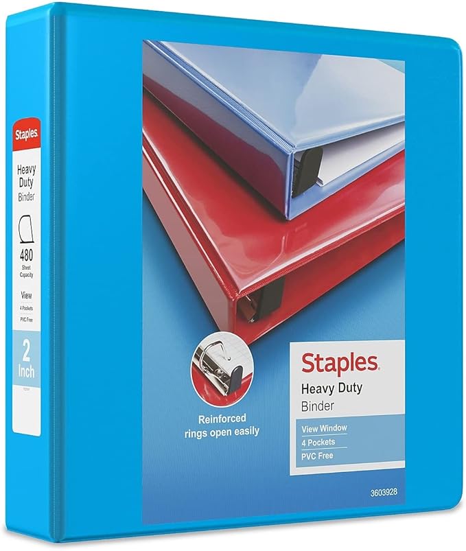 Staples Heavy-Duty 2-Inch D-Ring View Binder, Reinforced Spine, Holds Up to 450 Sheets, Light Blue, for Office & School