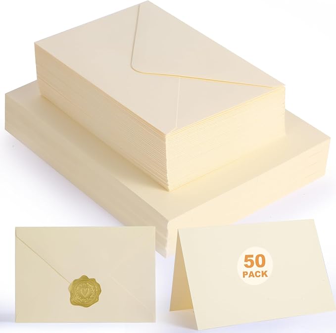 50 PACK Cream Blank Cards and Envelopes 4x6 Inch, Note Greeting Cards, Folded Ivory Cardstock and Envelopes Self Seal for Wedding, Invitations, DIY Greeting Cardstock, Thank You Cards & All Occasion