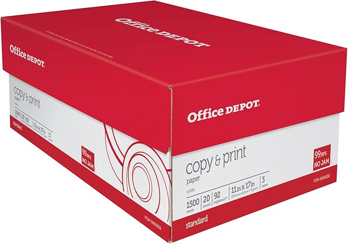Office Depot® Copy And Print Paper, Ledger Size (11" x 17"), 92 Brightness, 20 Lb, Ream of 500 Sheets, Case of 3 Reams