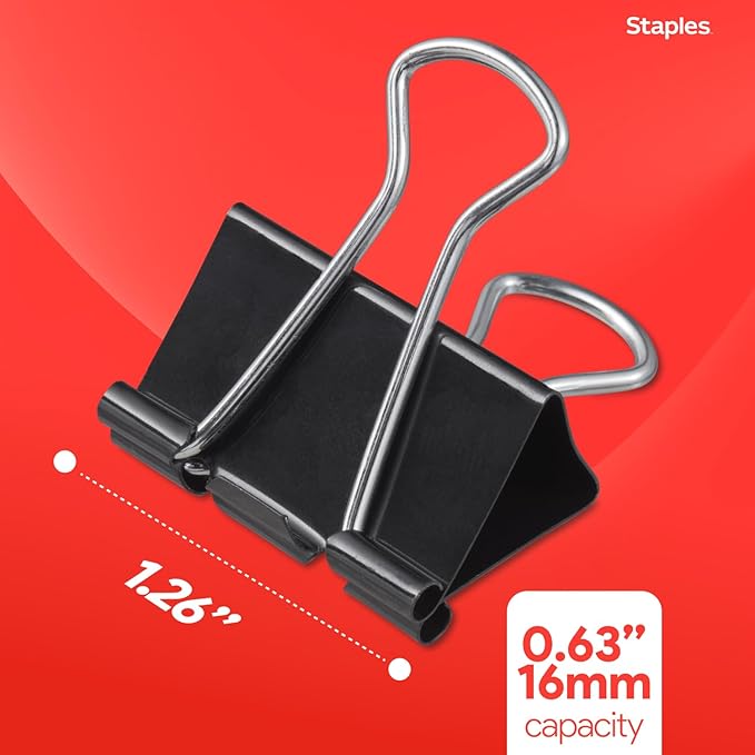 Staples Medium Binder Clips, 0.63 Inch Capacity, Black, 144 Clips/Pack | Secure paper organization for office, school, and home filing needs. Bulk pack of 144.