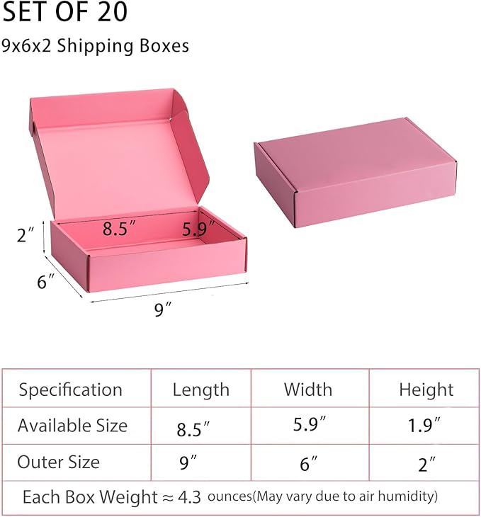 Small Shipping Boxes 9x6x2 Inches – Pink Corrugated Cardboard Boxes (20-Pack) for Mailing, Packing, Small Business & Gift Packaging - Recyclable & Sturdy