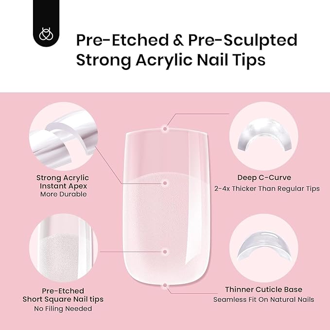 Beetles Tipex Instant Apex Nail Tips, Short Square, 16 Sizes |00–14, 192pcs, Built-In Apex, No Builder Gel Required, Thicker Strong Acrylic Tips for DIY Nail Extensions
