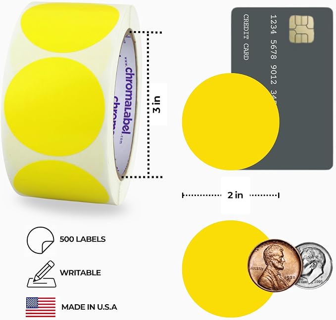 2 inch Color-Code Dot Labels | 500/Roll (Yellow) | Yellow Circle Stickers with Writable Semi-Gloss Paper for Inventory, Classrooms, Offices, and Warehouses. Made in USA