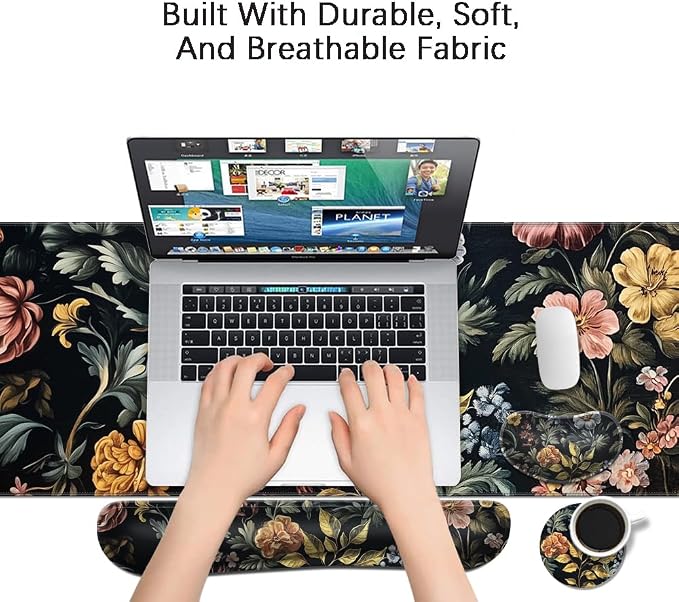 MIBITRI Keyboard Mouse Pad Set, Extended Gaming Mouse Pad+Ergonomics Keyboard Wrist Rest Support, Memory Foam, Easy Typing Pain Relief, 4Pcs XXL Ultra Thick Desk Mat, Elegant Flowers