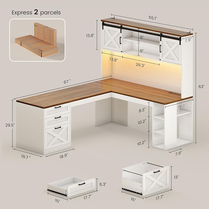 SEDETA 67" Farmhouse L Shaped Desk with Hutch, White+Brown | Home Office Desks with Drawers & Sliding Doors,Executive Corner Computer Desk with Storage Shelves,Power Outlets,LED Lights