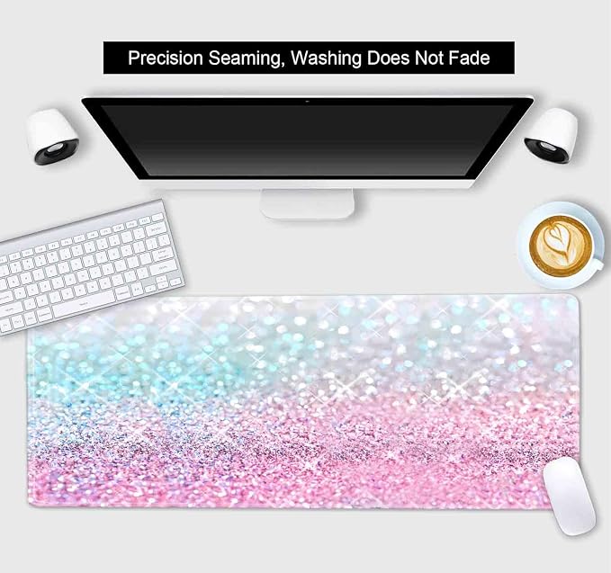 Gradient Glitter Large Mouse Pad, Pink Blue Sparkle Desk Pad, Pastel Cute Writing Desk Mat, Non-Slip Rubber Long Mousepad for Laptop Computer Gamer Home&Office, 31.5x11.8 in