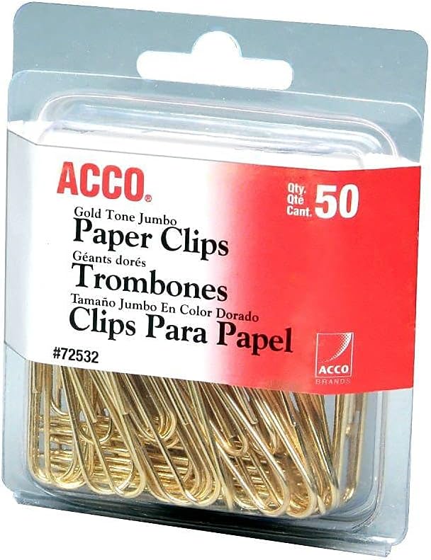 ACCO Paper Clips, Jumbo, Smooth, Gold, 50 Clips/Box (72532)