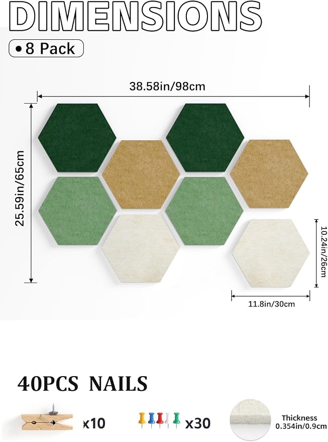 8-Pack Hexagon Felt Bulletin Board Tiles, Cork Board Alternative | For students and teachers creating vision boards in homes, offices, dorms or classrooms; includes 30 push pins.