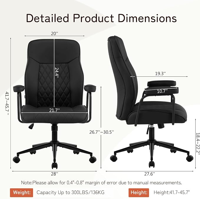 Leather Office Chair, Comfy Home Office Desk Chair, Mid Century Modern Office Chair with Lumbar Support, Mid-Back Adjustable Swivel Computer Chair with Wheels and Arms, Black