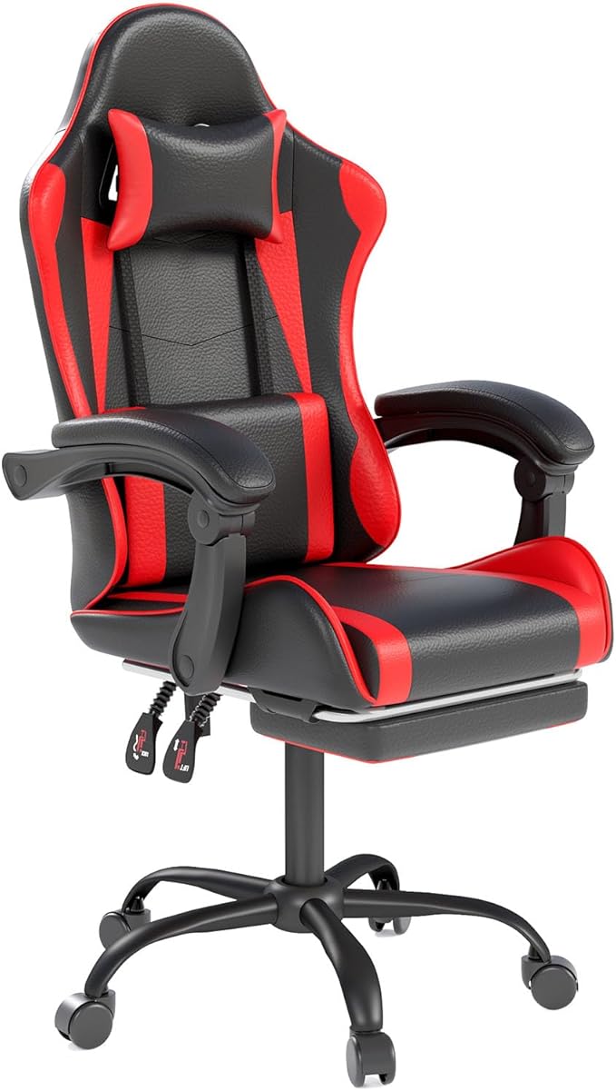 Gaming Chair with Headrest and Lumbar Support, Ergonomic High Back Office Chair, Racing Style Executive Computer Desk Chair, Leather Adjustable Swivel Task Chair for Home Office (Red Black)