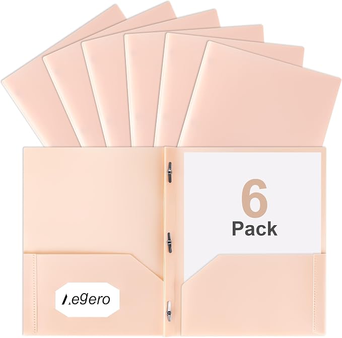 Folders with Pockets and Prong with Fasteners (6 Pack, Light Orange) | Durable Plastic Pocket Folders with Prongs,Tear Resistant,2 Pocket 3 Prong Folders for Schoolwork & Office,Letter Size