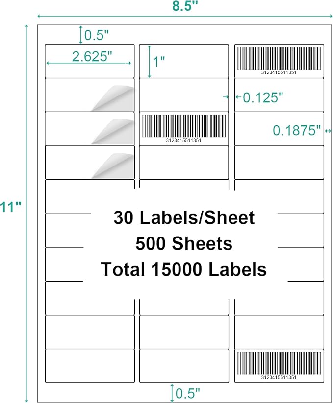 500 Sheets 15000 Labels Shipping Address Labels, Address Mailing Labels for Laser & Inkjet Printer, 1" x 2-5/8" White Blank Printable Shipping Label, Strong Adhesive for FBA Label, Easy to Peel