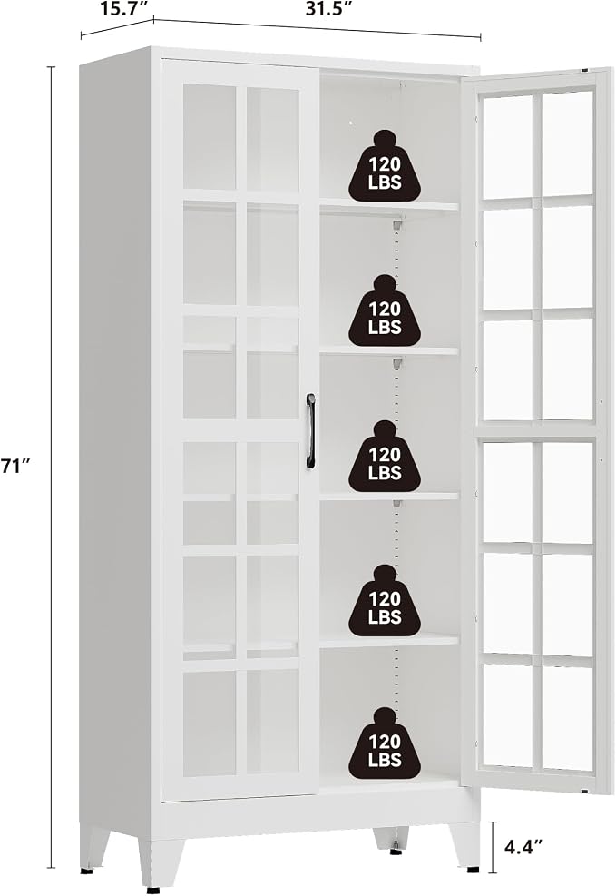 QINPTWUT 71" Tall Glass Door Storage Cabinet, Modern Metal Pantry Cabinet with 4 Adjustable Shelves, Freestanding Display Cabinet for Kitchen, Living Room, Dining Room, Home Office (White)