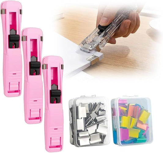Portable Binder Clip Stapler, 2026 New Portable Office Tool, Durable Desk Organizer for Study Room, 100 Metal Refill Clips (50 Silver + 50 Color) for Home (3, Pink)