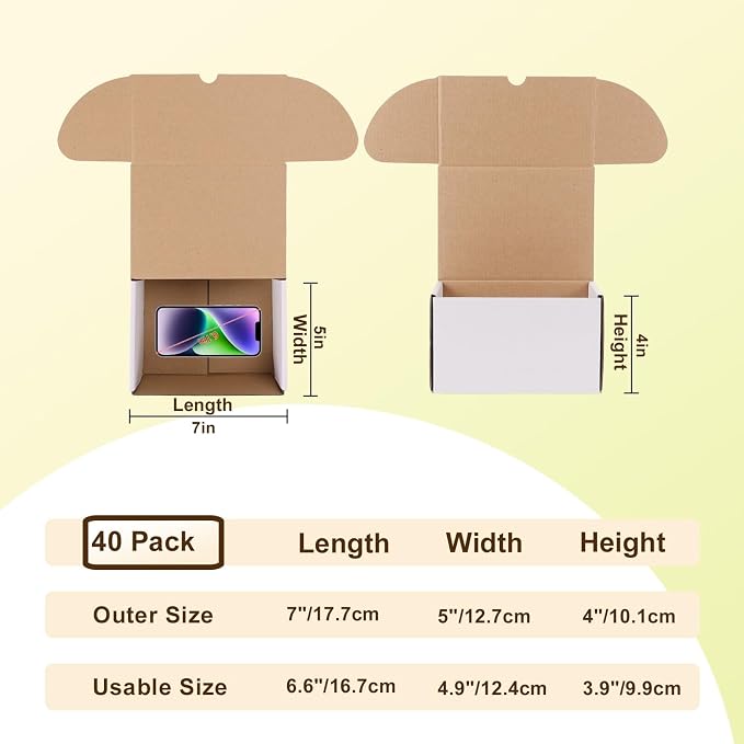WIFTREY 7x5x4 Small Shipping Boxes Set of 40, White Corrugated Cardboard Box Shipping Box for Packaging Small Business, Moving, Mailing